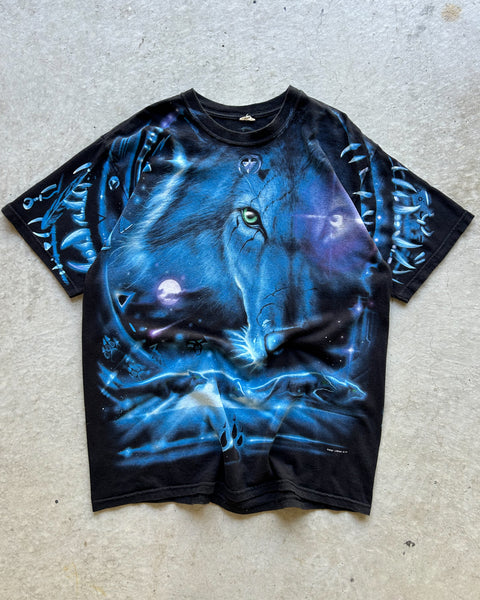 Vintage 2001 Liquid Blue Wolf Nature All Over Print T-Shirt - XL