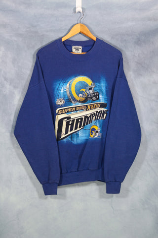 Vintage ST. LOUIS RAMS SUPER BOWL XXXIV CHAMPS Sweatshirt Blue Gildan L